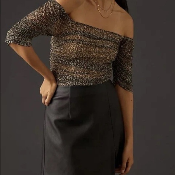 Anthropologie Leopard Print Shirred Mesh Top Size L - Picture 1 of 10